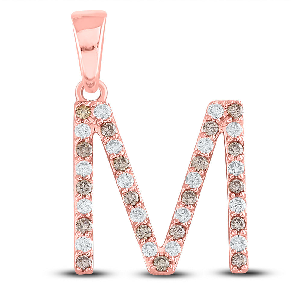 10kt Rose Gold Womens Round Brown Diamond Initial M Letter Pendant 1/3 Cttw