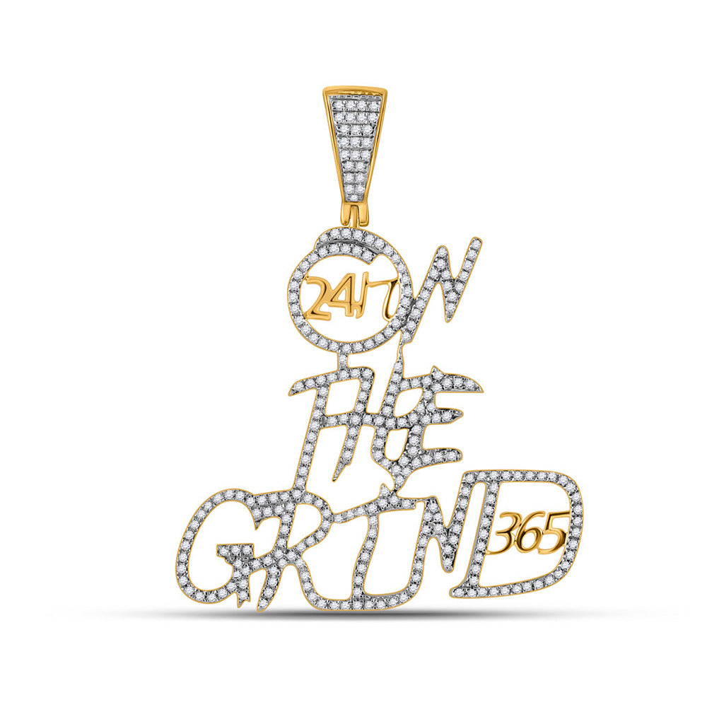 10kt Yellow Gold Mens Round Diamond On The Grind Phrase Charm Pendant 3/4 Cttw