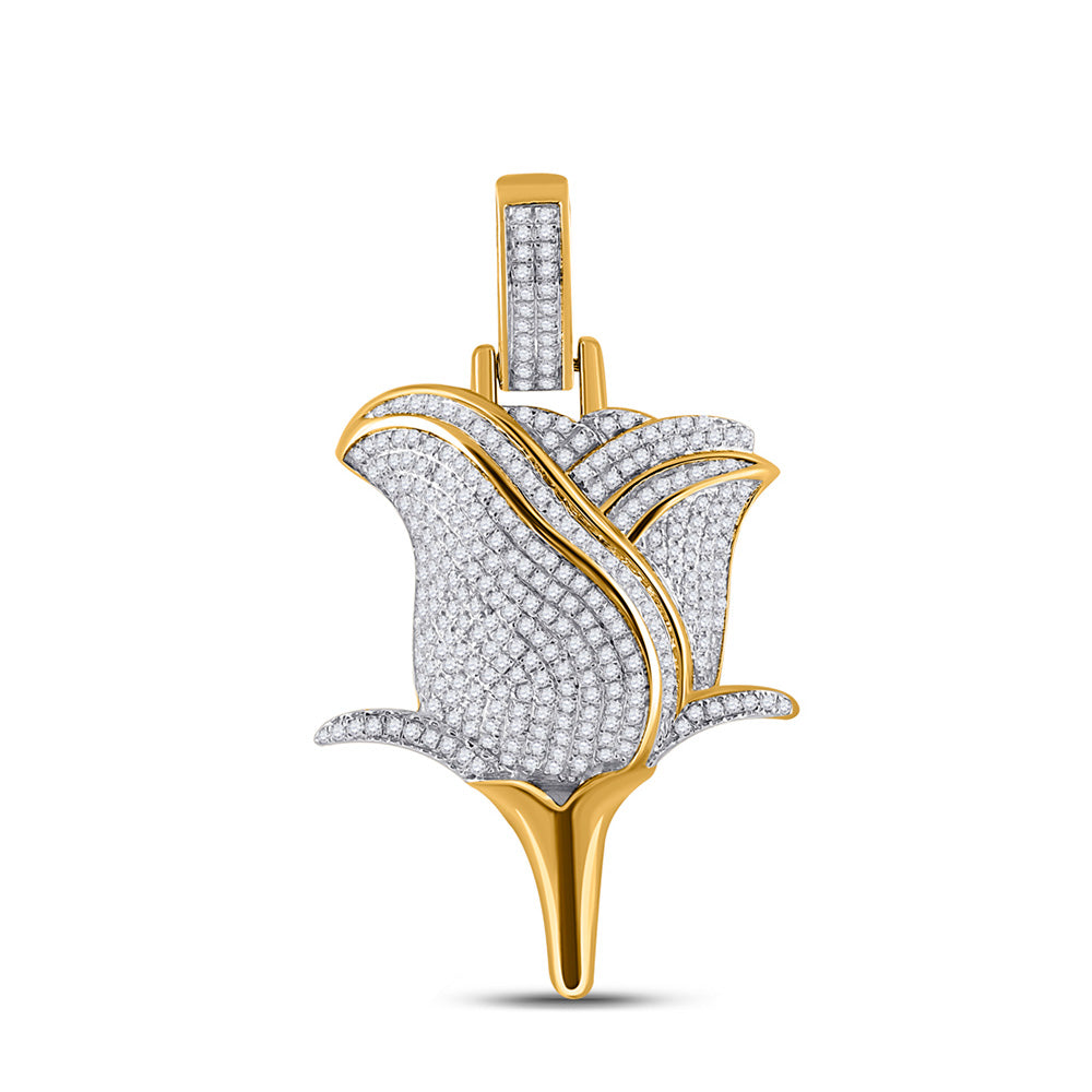 10kt Yellow Gold Mens Round Diamond Rose Charm Pendant 7/8 Cttw