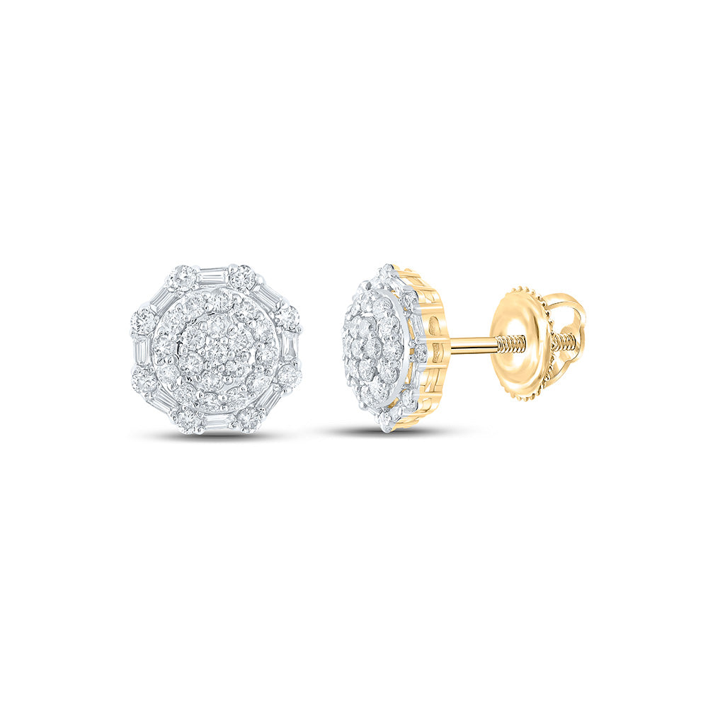 10kt Yellow Gold Mens Round Diamond Octagon Cluster Earrings 5/8 Cttw