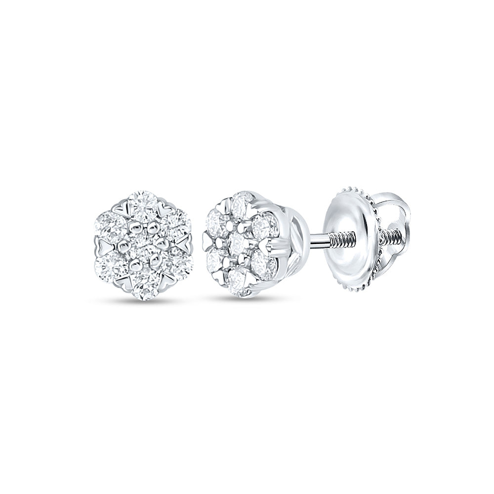 10kt White Gold Womens Round Diamond Flower Cluster Earrings 1/4 Cttw