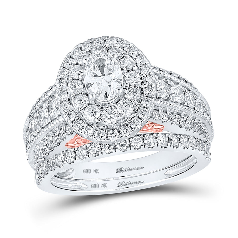 14kt Two-tone Gold Oval Diamond Halo Bridal Wedding Ring Band Set 2 Cttw