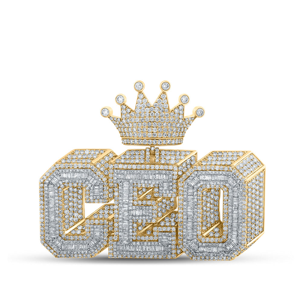 10kt Yellow Gold Mens Baguette Diamond 3D CEO Crown Phrase Charm Pendant 12-3/8 Cttw