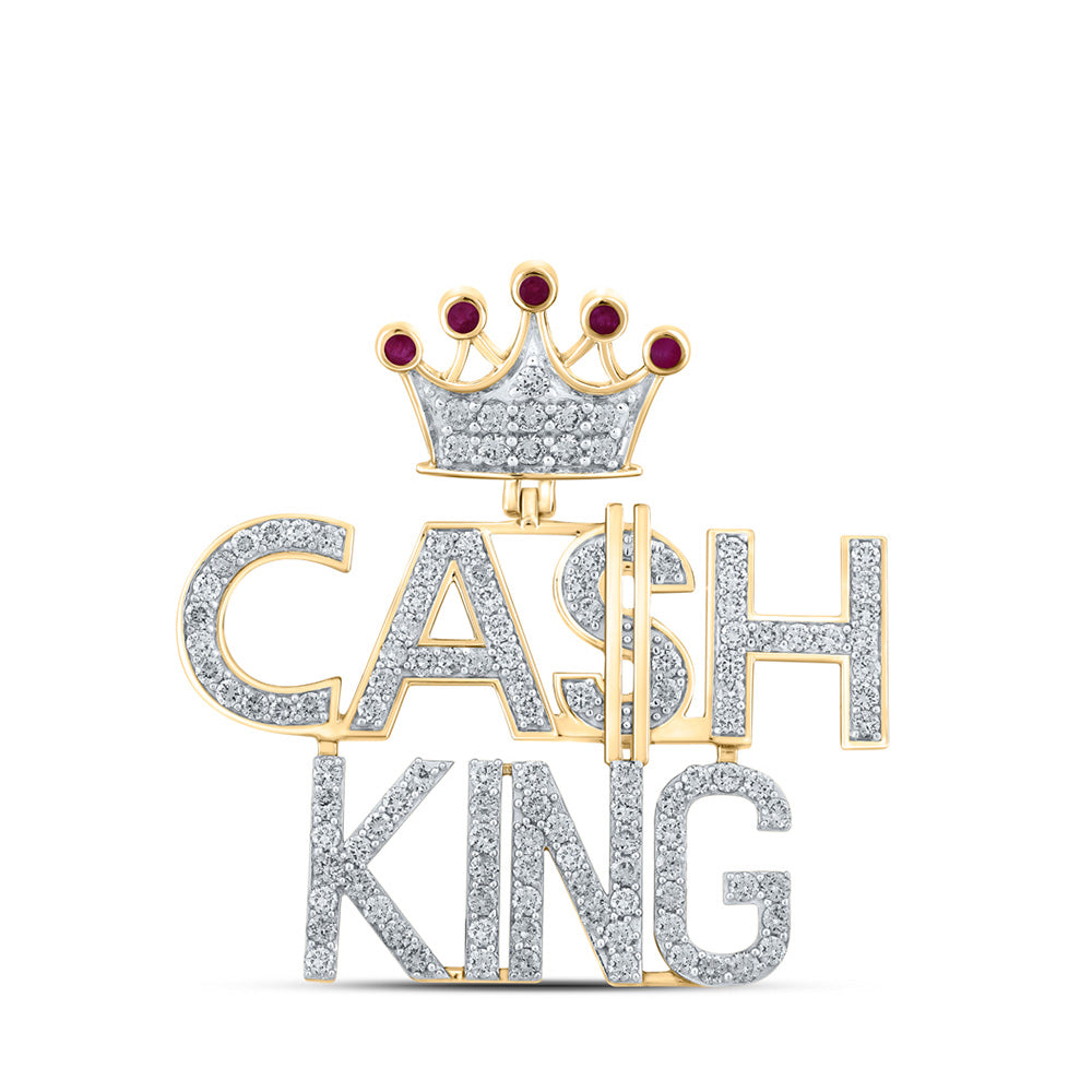 10kt Yellow Gold Mens Round Ruby Diamond Cash King Phrase Charm Pendant 3-3/4 Cttw