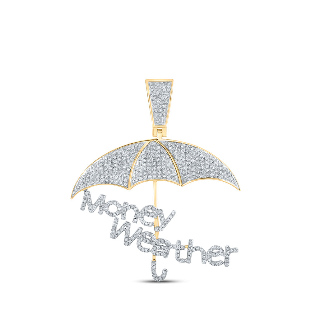 10kt Yellow Gold Mens Round Diamond Money Weather Umbrella Phrase Charm Pendant 1 Cttw