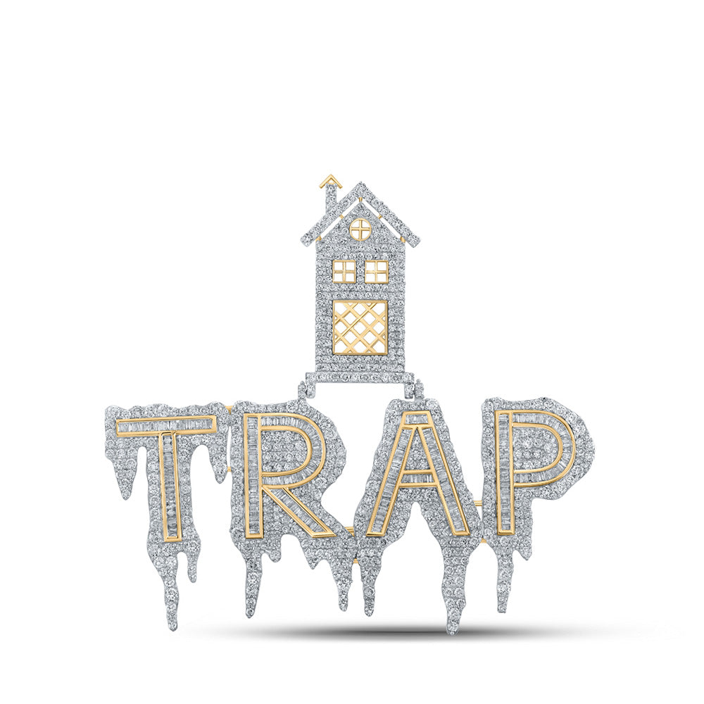 10kt Yellow Gold Mens Baguette Diamond Trap House Drip Phrase Charm Pendant 8 Cttw