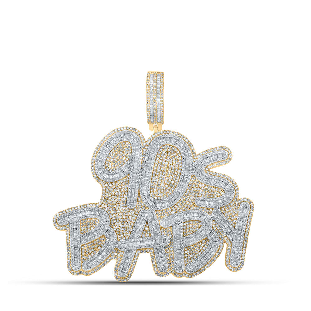 10kt Yellow Gold Mens Baguette Diamond 90s Baby Phrase Charm Pendant 9-1/2 Cttw