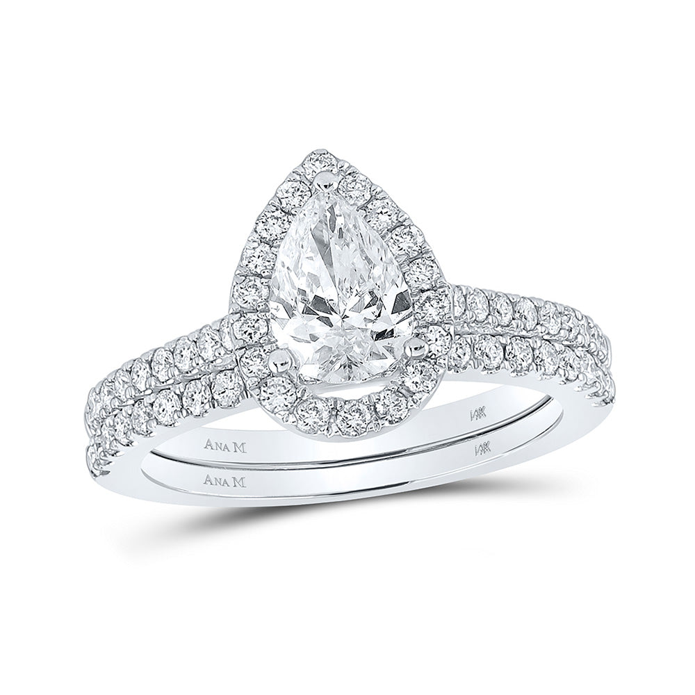14kt White Gold Pear Diamond Halo Bridal Wedding Ring Band Set 1-1/2 Cttw