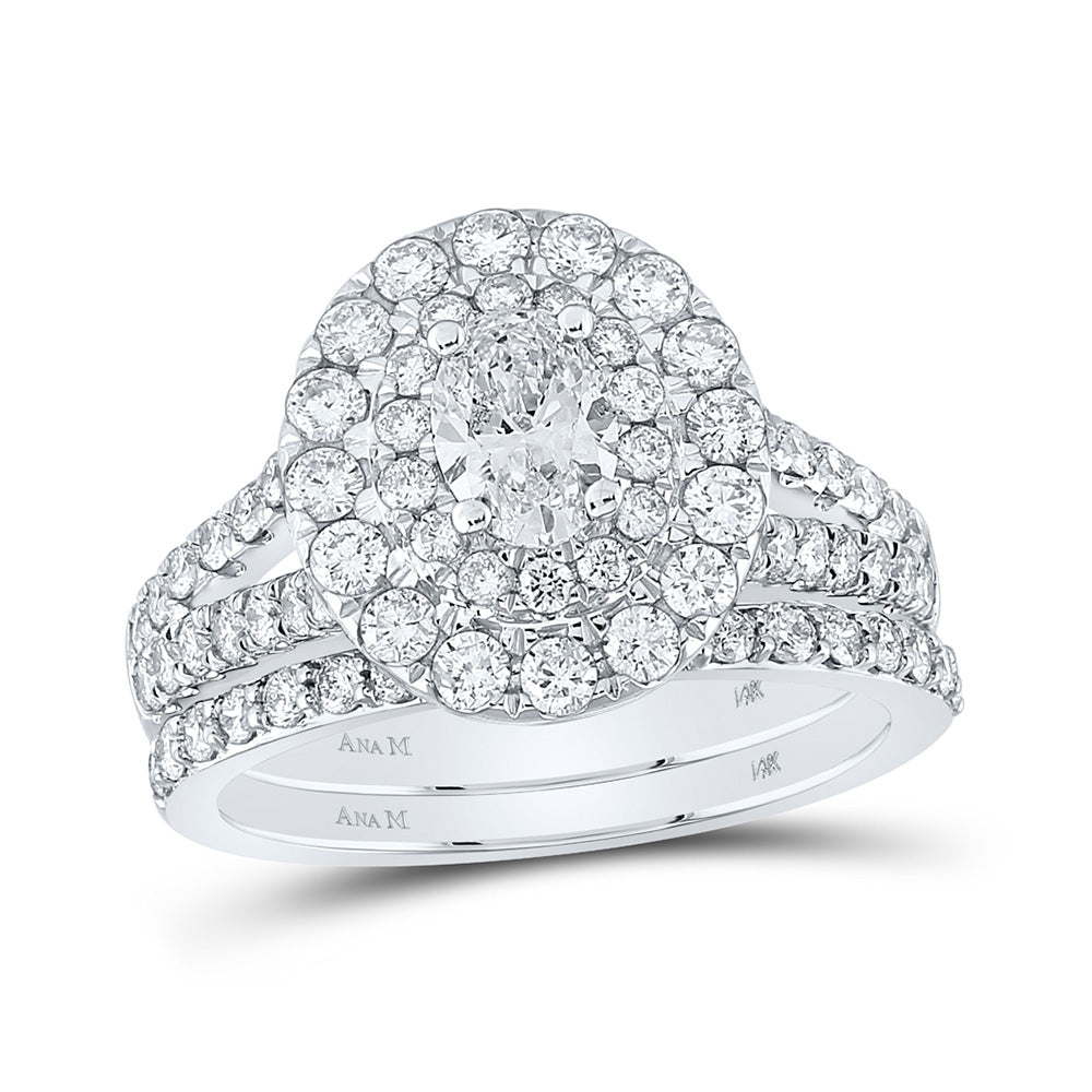 14kt White Gold Oval Diamond Halo Bridal Wedding Ring Band Set 2 Cttw