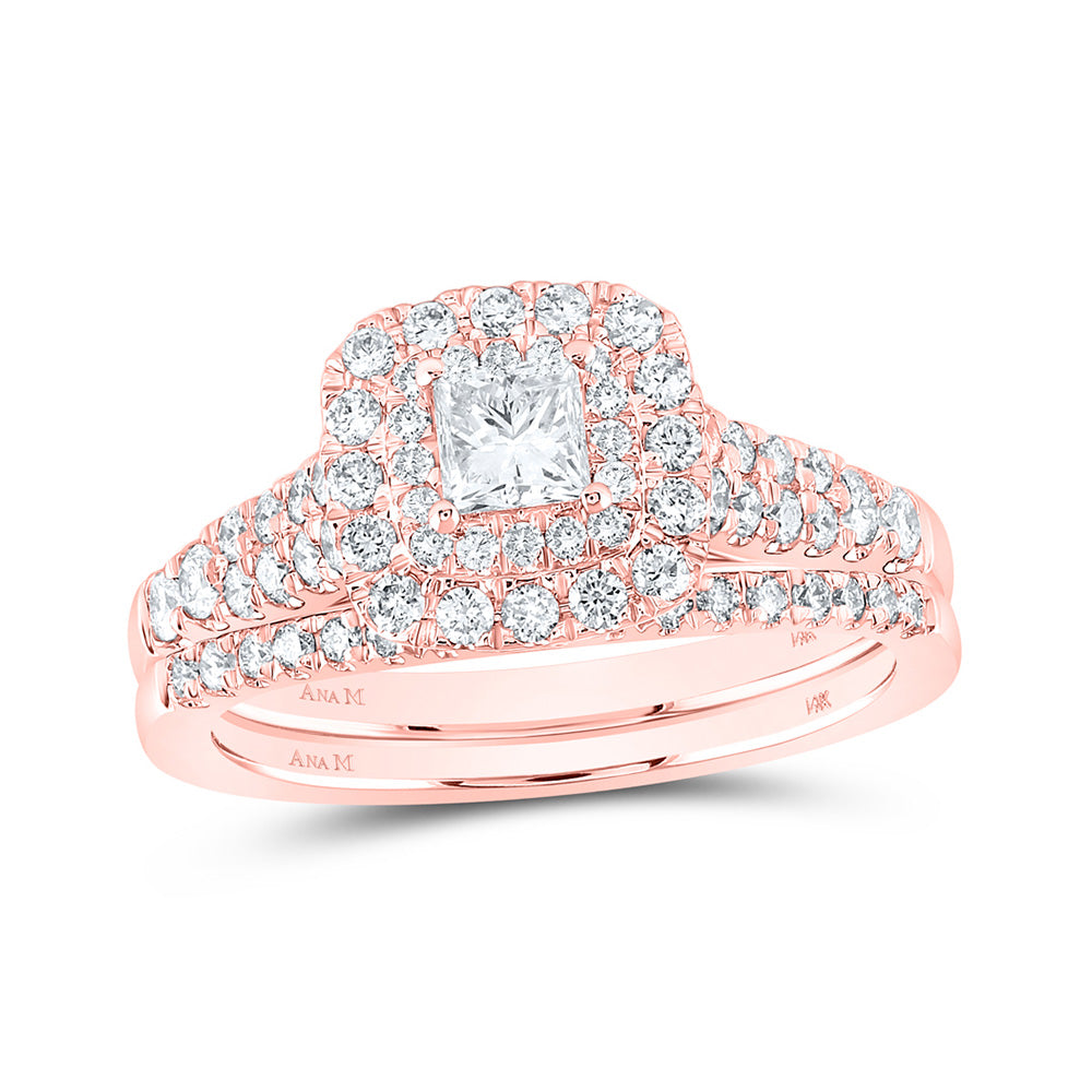 14kt Rose Gold Princess Diamond Halo Bridal Wedding Ring Band Set 1 Cttw