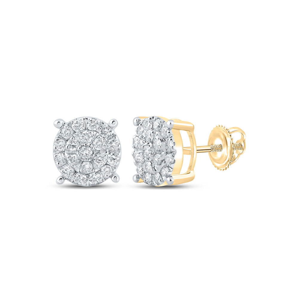 14kt Yellow Gold Mens Round Diamond Cluster Earrings 5/8 Cttw