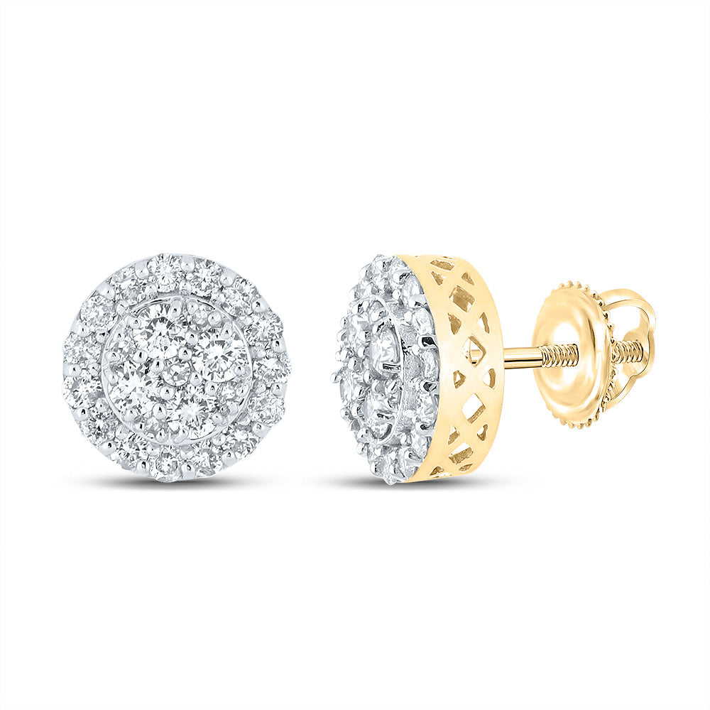 14kt Yellow Gold Mens Round Diamond Cluster Earrings 7/8 Cttw