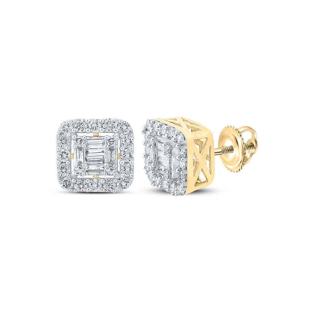 14kt Yellow Gold Mens Baguette Diamond Square Earrings 5/8 Cttw