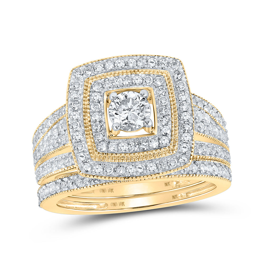 10kt Yellow Gold Round Diamond Square Halo Bridal Wedding Ring Band Set 1 Cttw