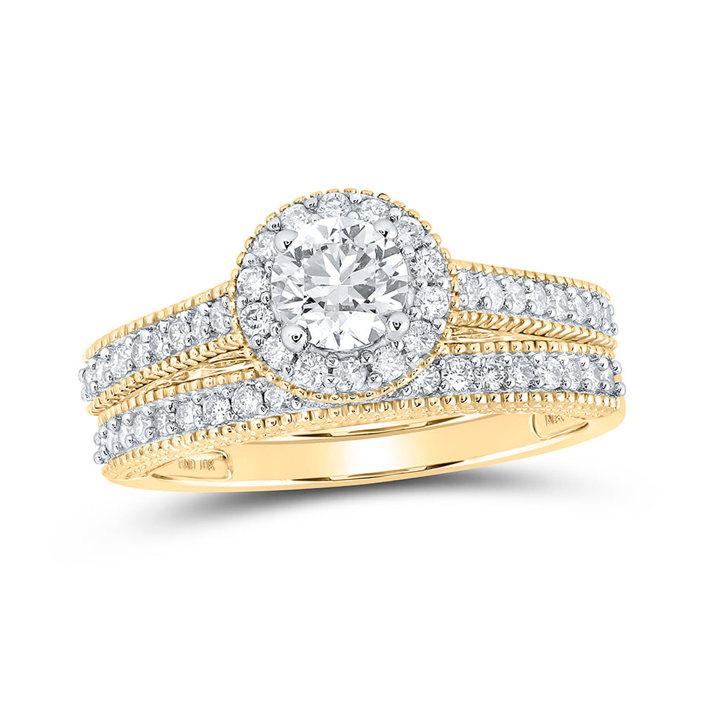 10kt Yellow Gold Round Diamond Halo Bridal Wedding Ring Band Set 1 Cttw