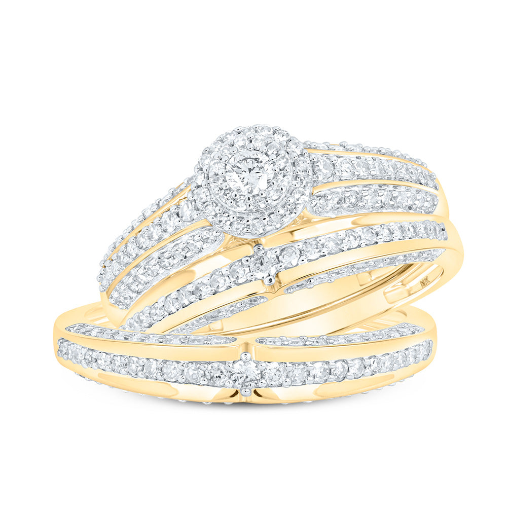 10kt Yellow Gold His Hers Round Diamond Halo Matching Wedding Set 1 Cttw