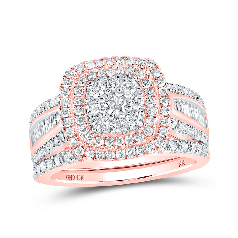 10kt Rose Gold Round Diamond Square Bridal Wedding Ring Band Set 1-1/4 Cttw