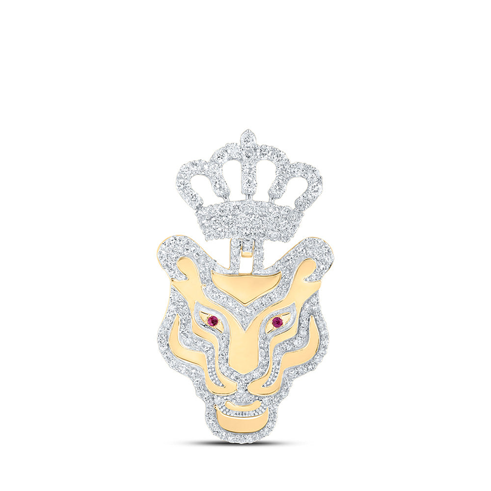 10kt Yellow Gold Mens Round Ruby Diamond Tiger Crown Charm Pendant 1-1/4 Cttw