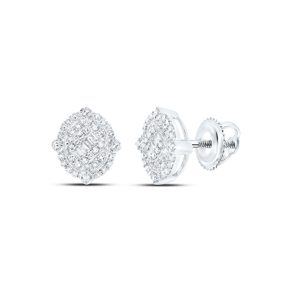 10kt White Gold Mens Round Diamond Oval Earrings 3/8 Cttw