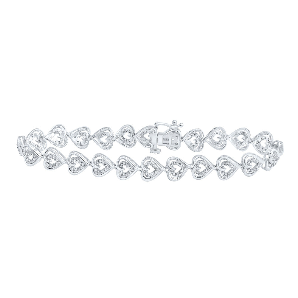 10kt White Gold Womens Round Diamond Heart Bracelet 1/2 Cttw