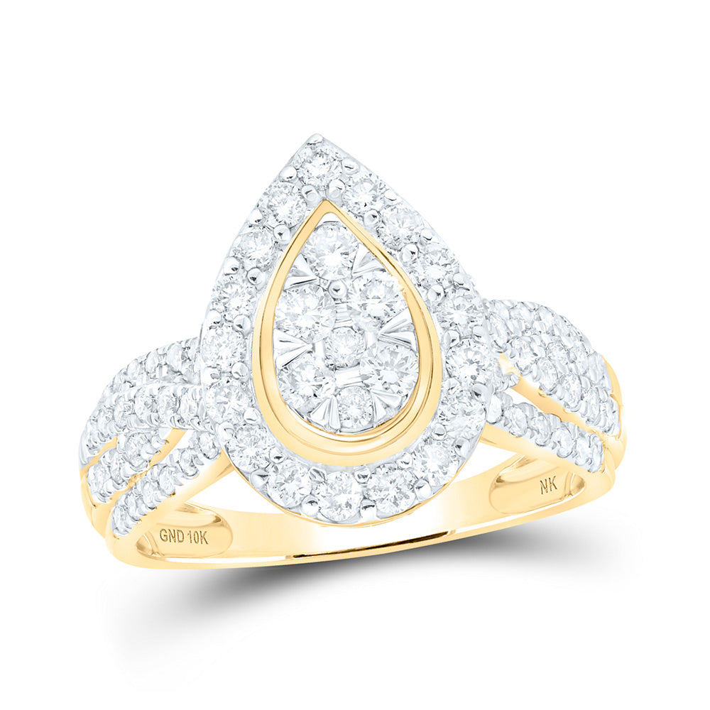 10kt Yellow Gold Womens Round Diamond Teardrop Cluster Ring 1 Cttw