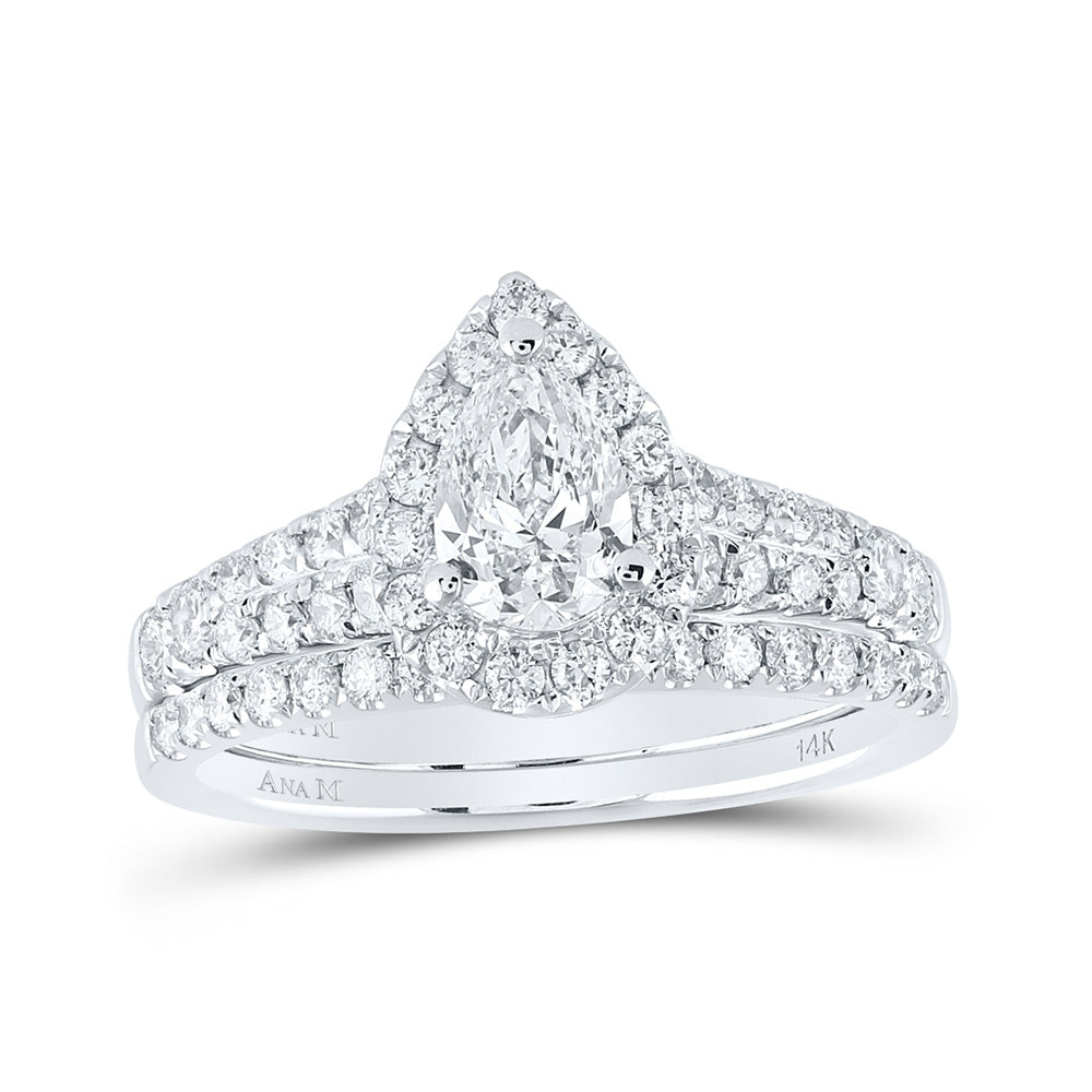 14kt White Gold Emerald Diamond Halo Bridal Wedding Ring Band Set 1-1/2 Cttw