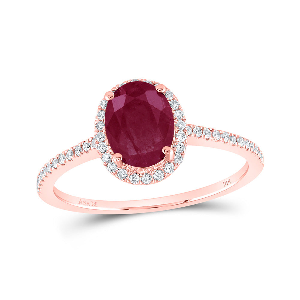 14kt Rose Gold Womens Oval Ruby Diamond Halo Ring 2 Cttw