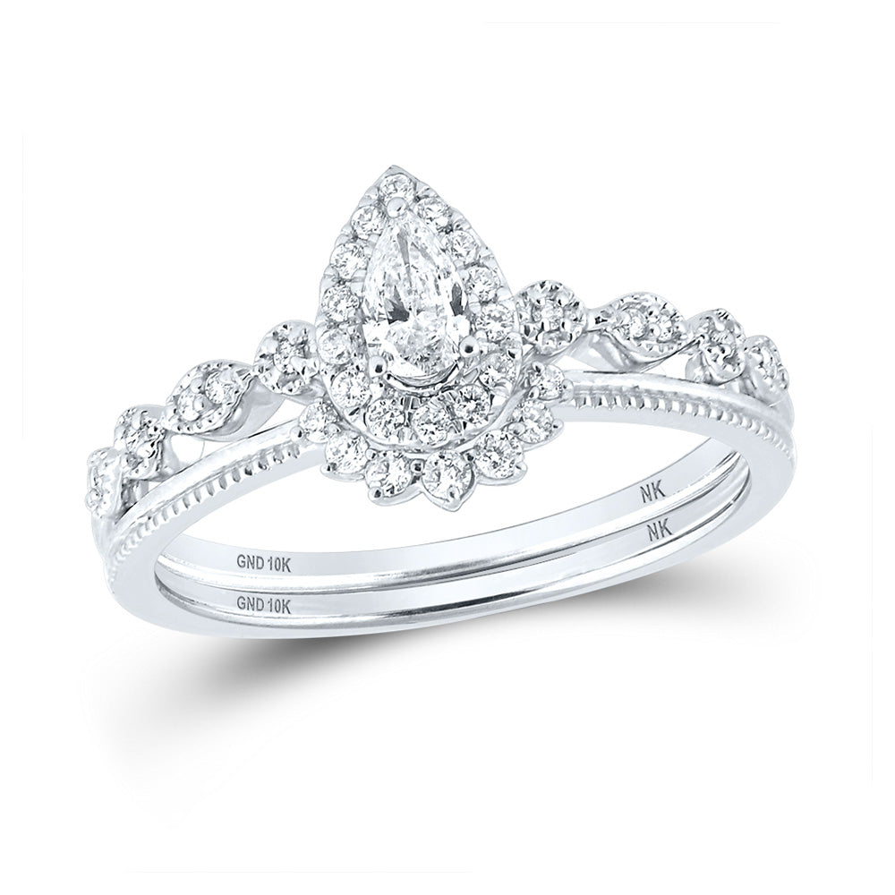 10kt White Gold Pear Diamond Halo Bridal Wedding Ring Band Set 3/8 Cttw
