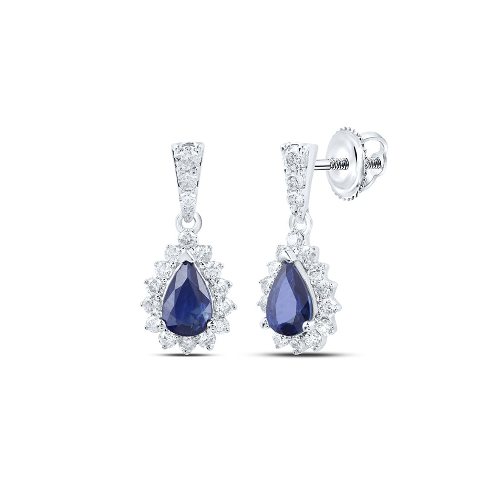 10kt White Gold Womens Pear Blue Sapphire Diamond Dangle Earrings 1-1/2 Cttw