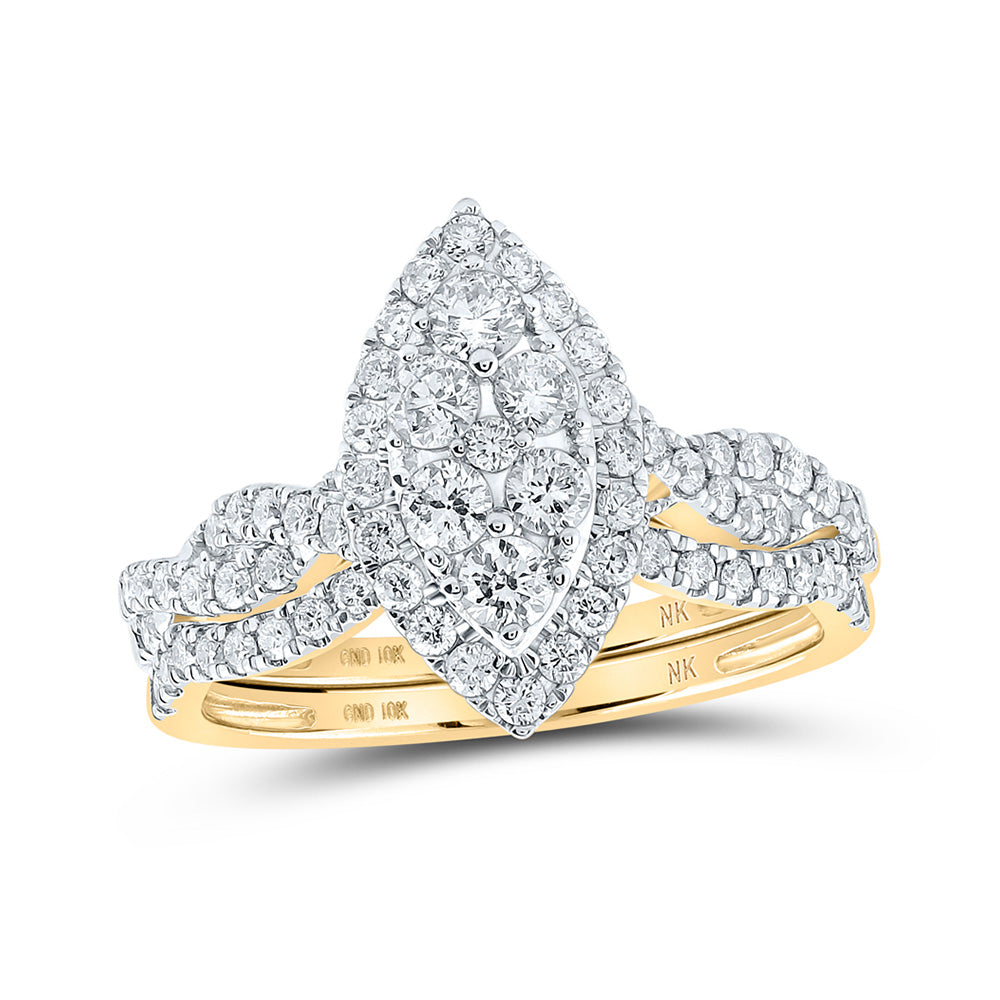 10kt Yellow Gold Round Diamond Marquise-shape Bridal Wedding Ring Band Set 1 Cttw