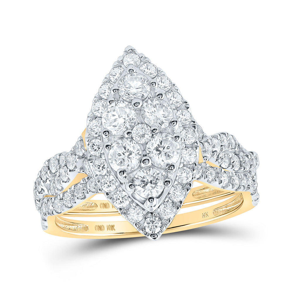10kt Yellow Gold Round Diamond Marquise-shape Bridal Wedding Ring Band Set 1-1/2 Cttw
