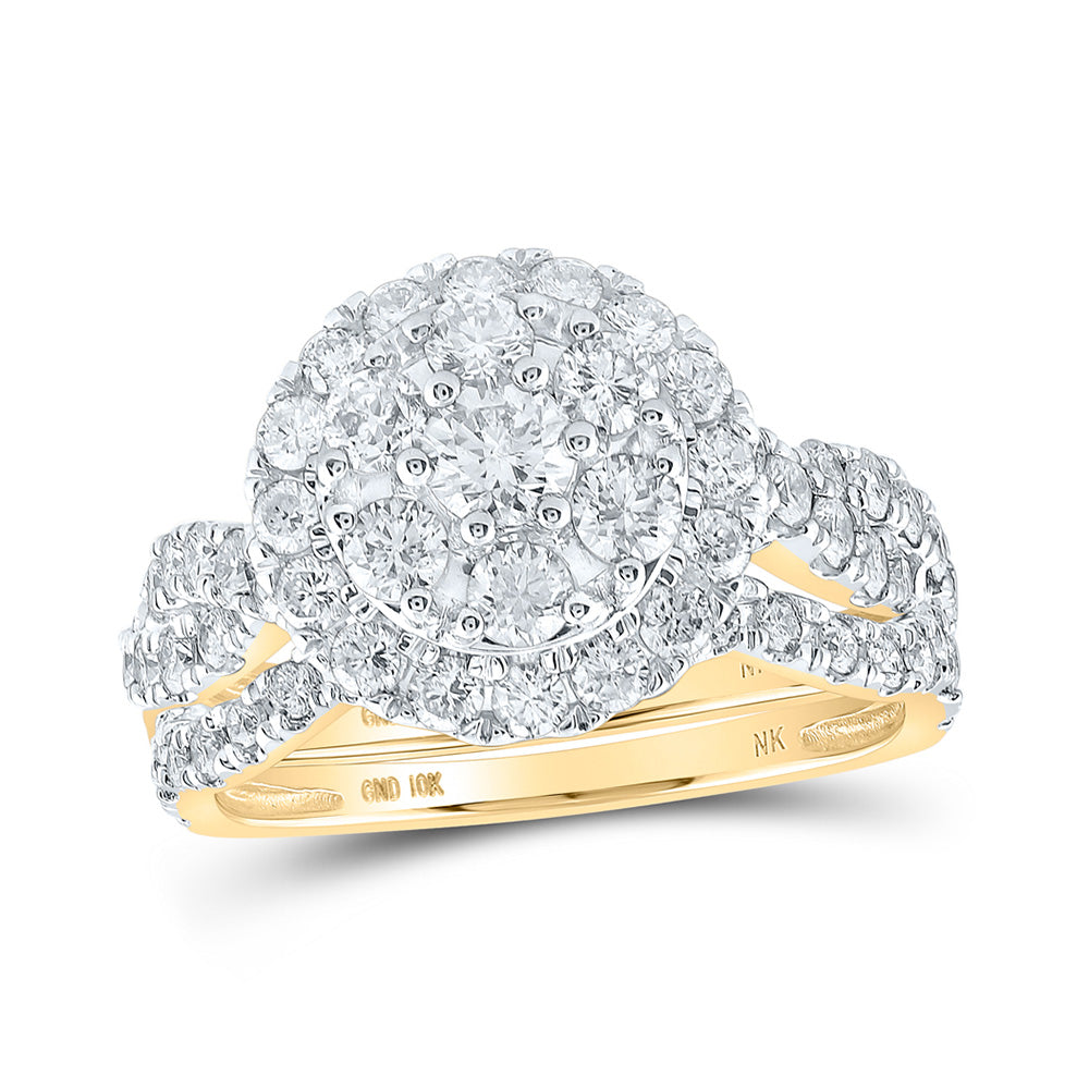 10kt Yellow Gold Round Diamond Halo Bridal Wedding Ring Band Set 2 Cttw