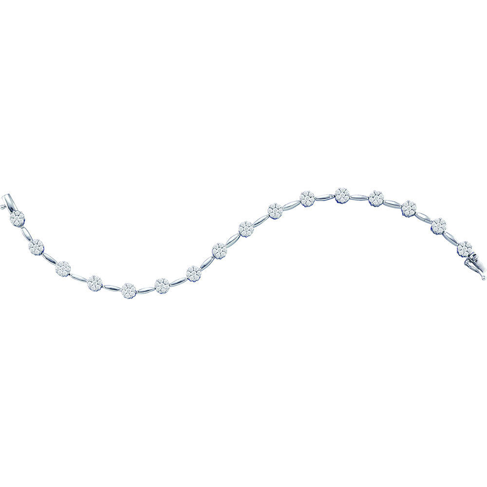 14kt White Gold Womens Round Diamond Flower Cluster Bracelet 2 Cttw