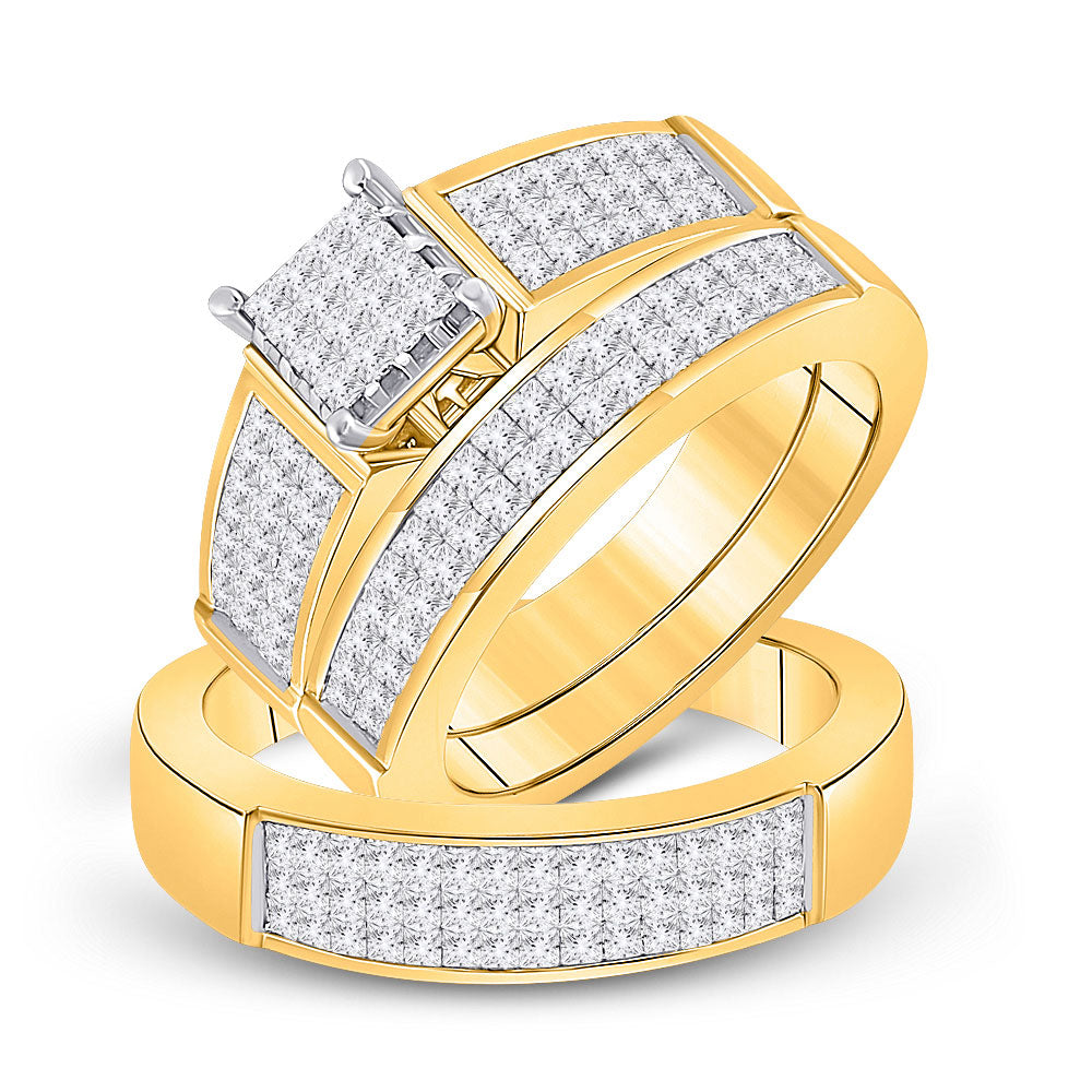 14kt Yellow Gold His Hers Princess Diamond Square Matching Wedding Set 2 Cttw