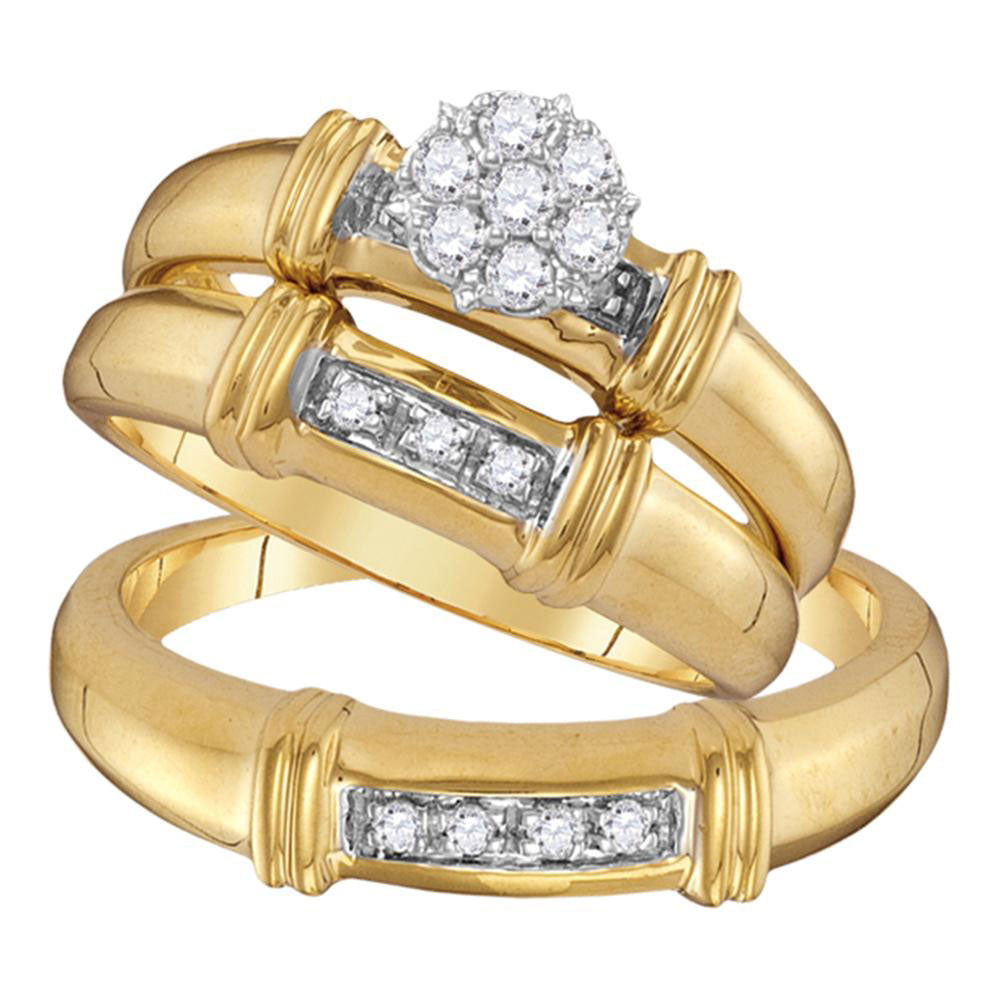 10kt Yellow Gold His Hers Round Diamond Cluster Matching Wedding Set 1/4 Cttw
