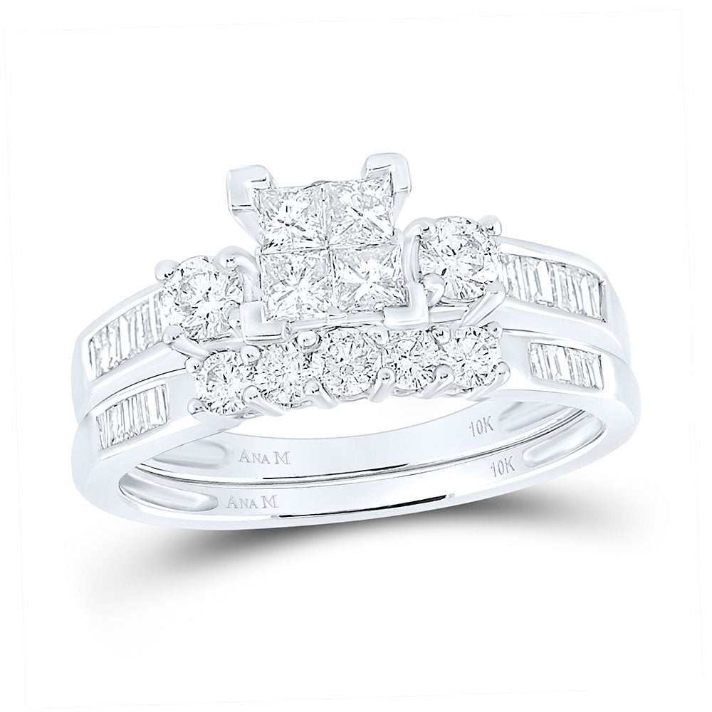 10kt White Gold Womens Princess Diamond Bridal Wedding Ring Band Set 1.00 Cttw