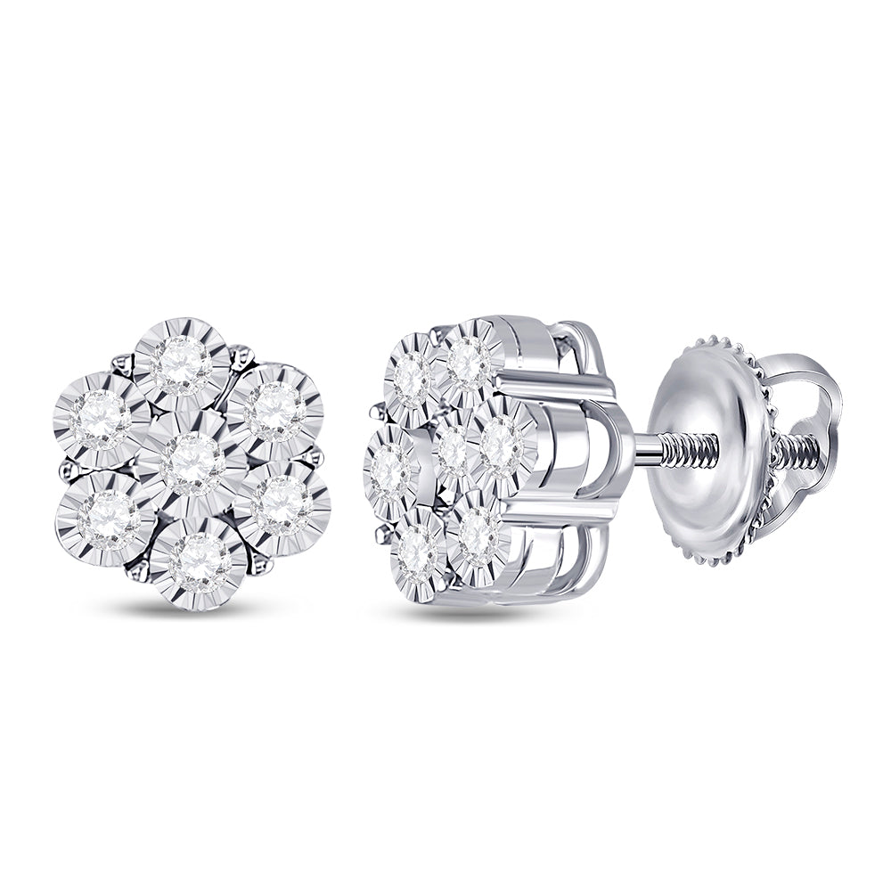 10kt White Gold Womens Round Diamond Flower Cluster Earrings 1/4 Cttw