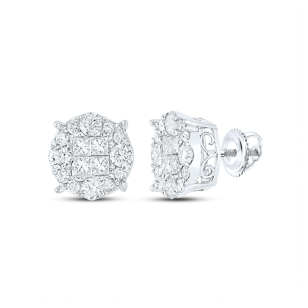 14kt White Gold Womens Princess Round Diamond Cluster Earrings 2 Cttw