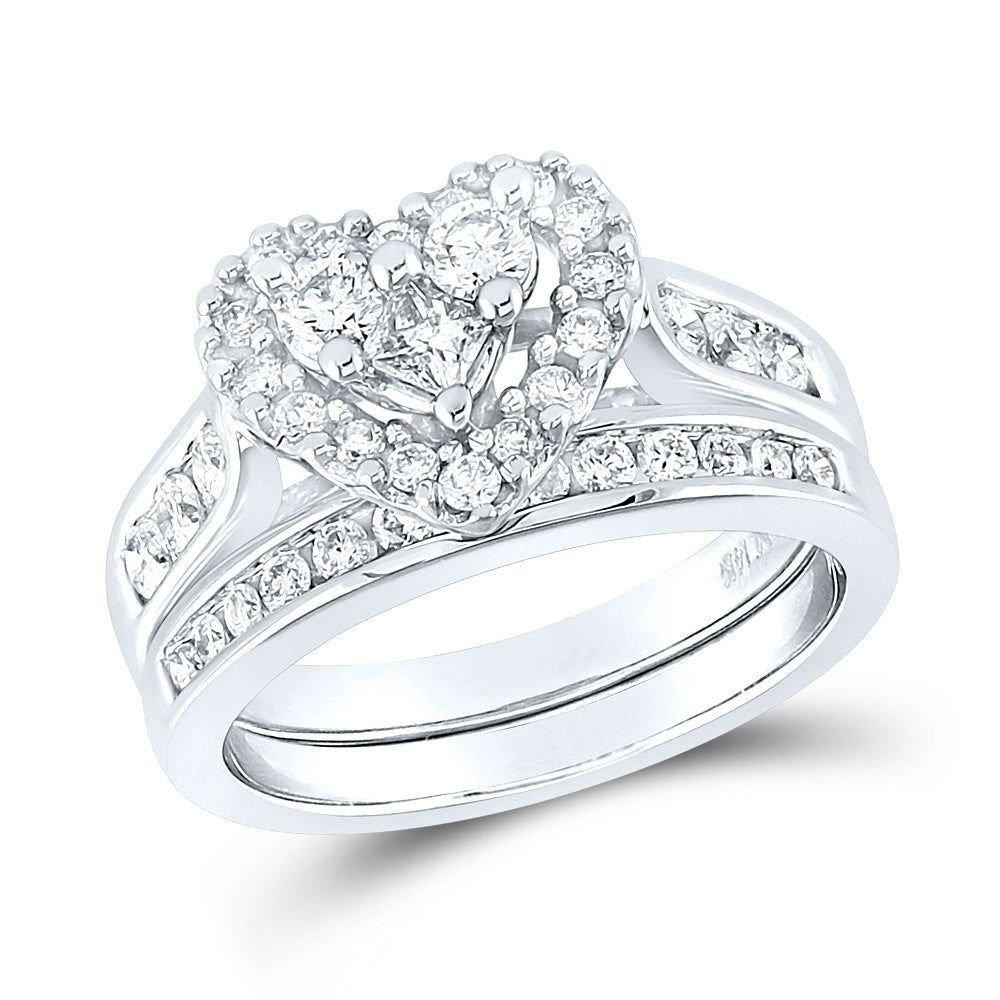 14kt White Gold Princess Diamond Heart Bridal Wedding Ring Band Set 1 Cttw