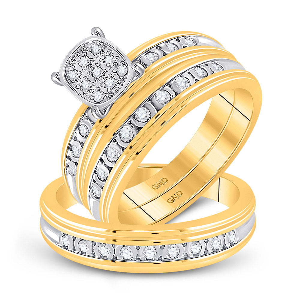 10kt Yellow Gold His Hers Round Diamond Cluster Matching Wedding Set 1/3 Cttw