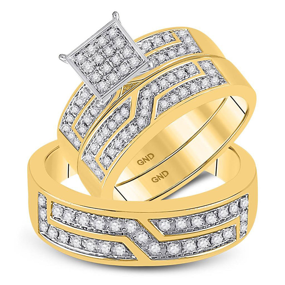 10kt Yellow Gold His Hers Round Diamond Square Matching Wedding Set 1/2 Cttw