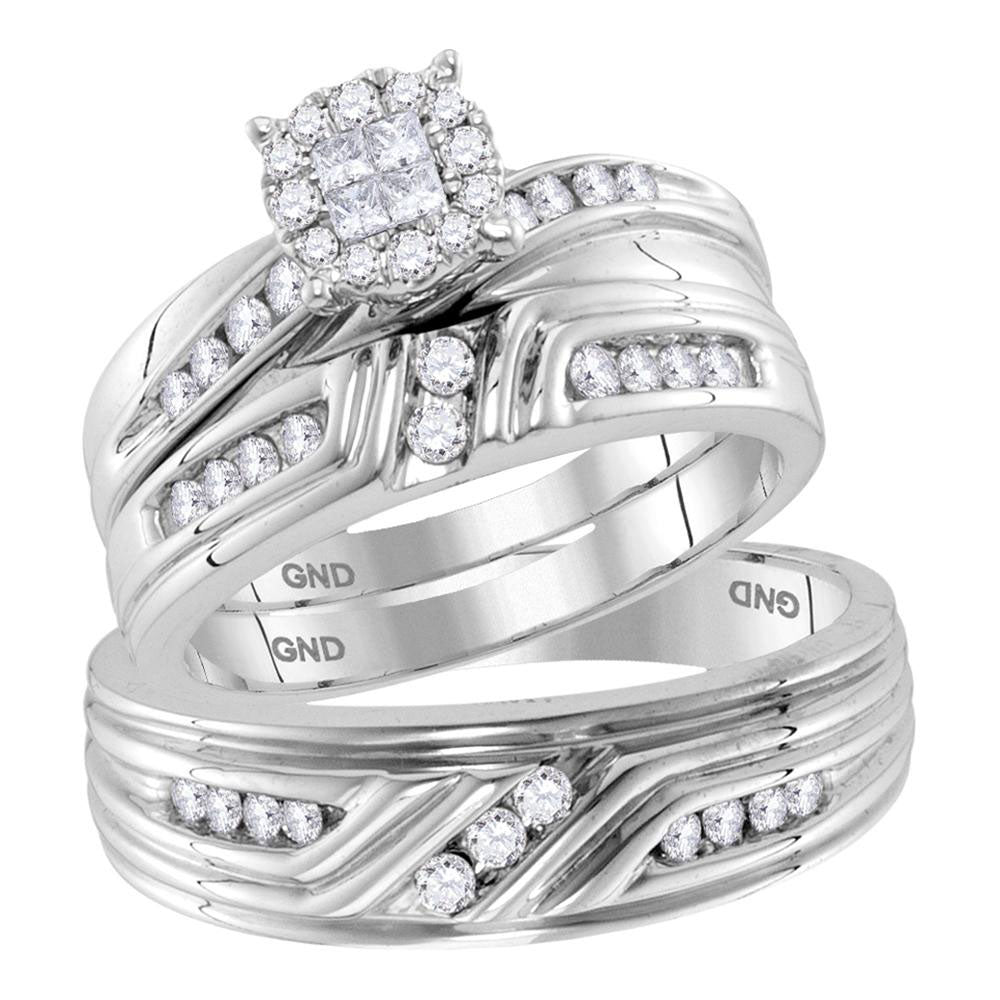 14kt White Gold His Hers Princess Diamond Cluster Matching Wedding Set 5/8 Cttw