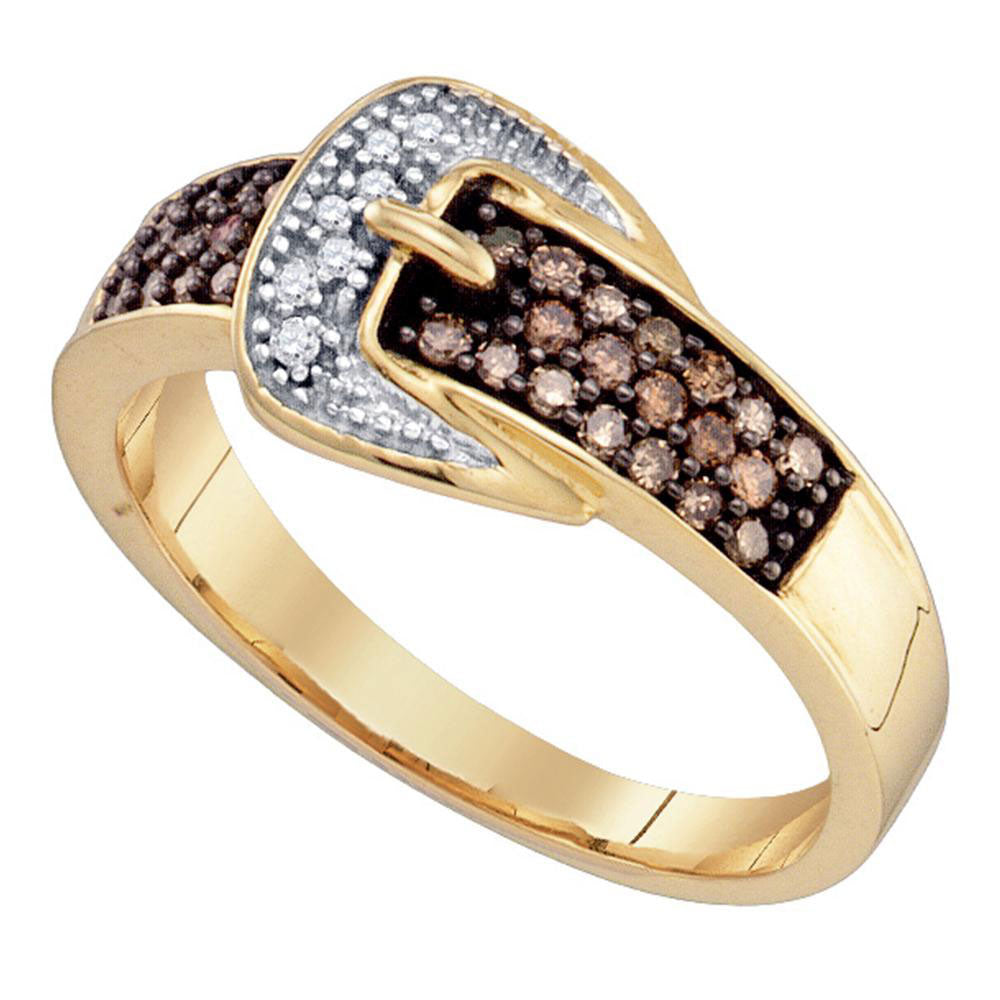 10kt Yellow Gold Womens Round Brown Diamond Belt Buckle Band Ring 1/4 Cttw
