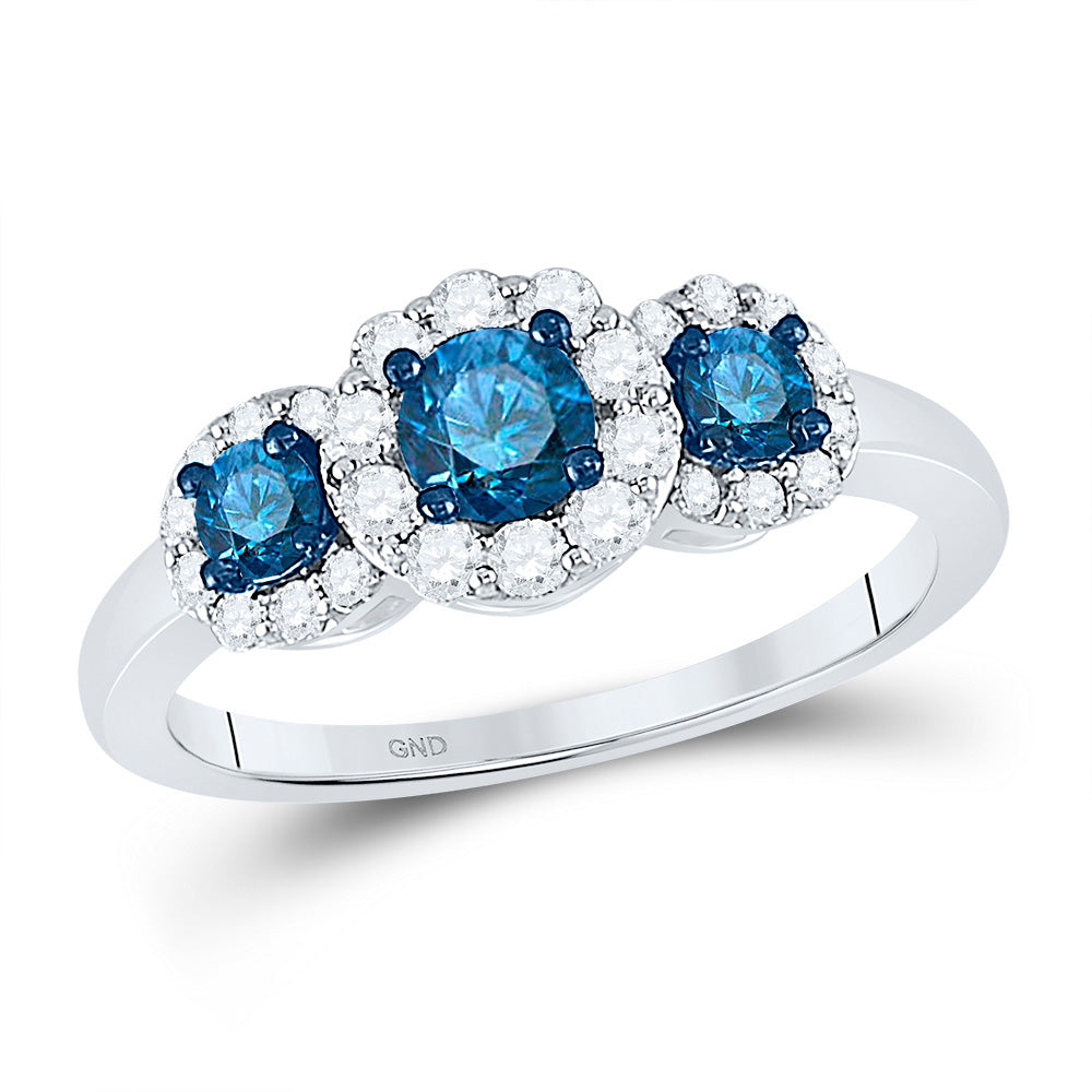 10kt White Gold Round Blue Color Enhanced Diamond 3-stone Bridal Wedding Ring 1 Cttw
