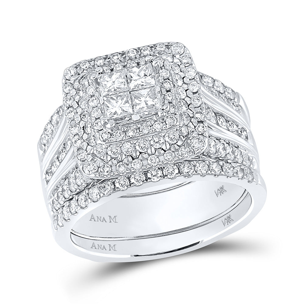 14kt White Gold Princess Diamond Halo Bridal Wedding Ring Band Set 2 Cttw