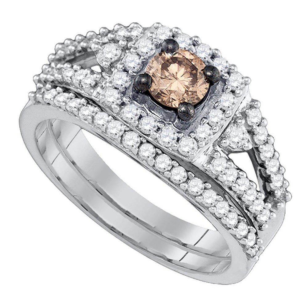 14kt White Gold Womens Round Brown Diamond Bridal Wedding Ring Band Set 1 Cttw