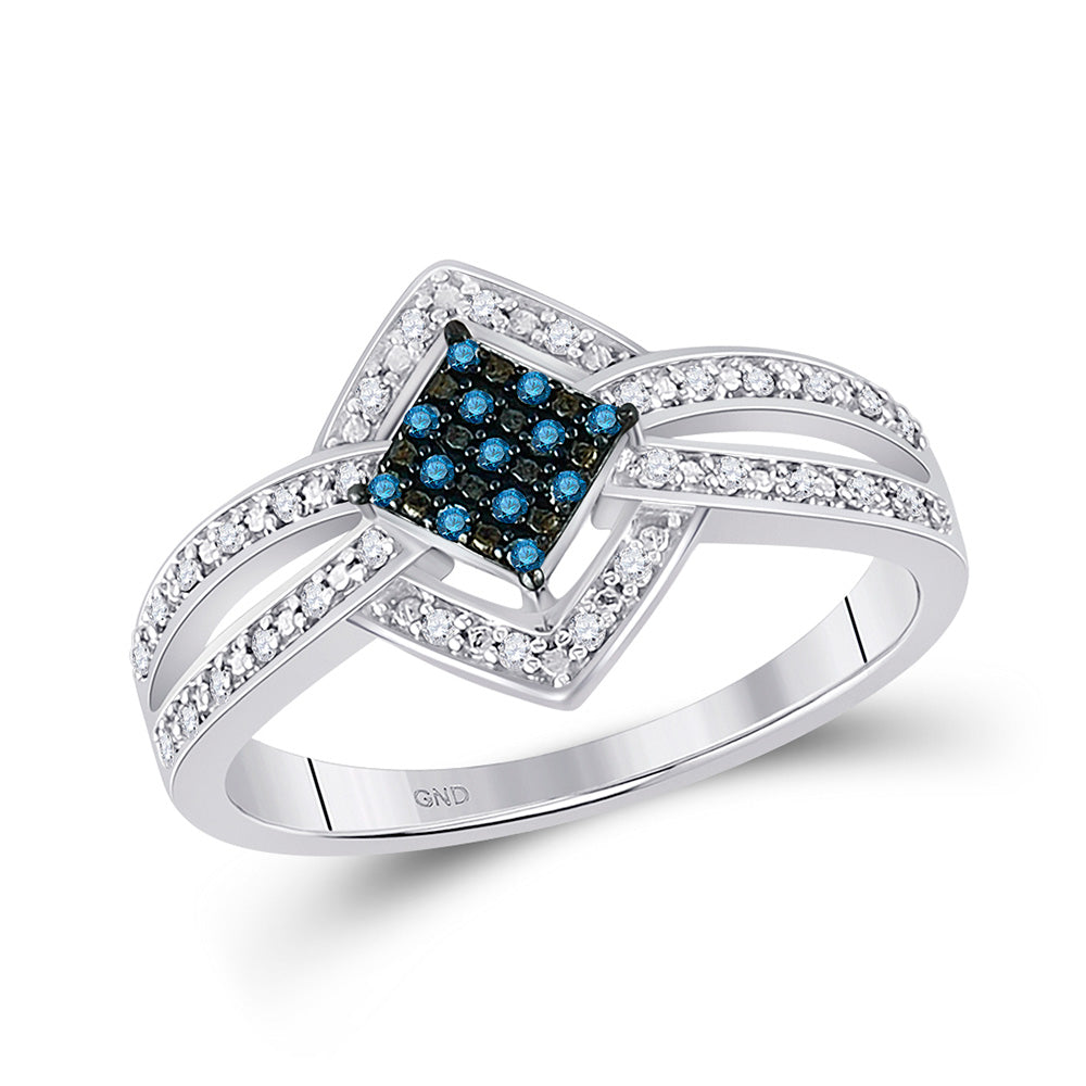 10kt White Gold Womens Round Blue Color Enhanced Diamond Square Frame Cluster Ring 1/6 Cttw