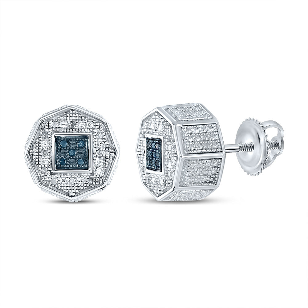 Sterling Silver Mens Round Diamond Octagon Cluster Earrings 1/8 Cttw