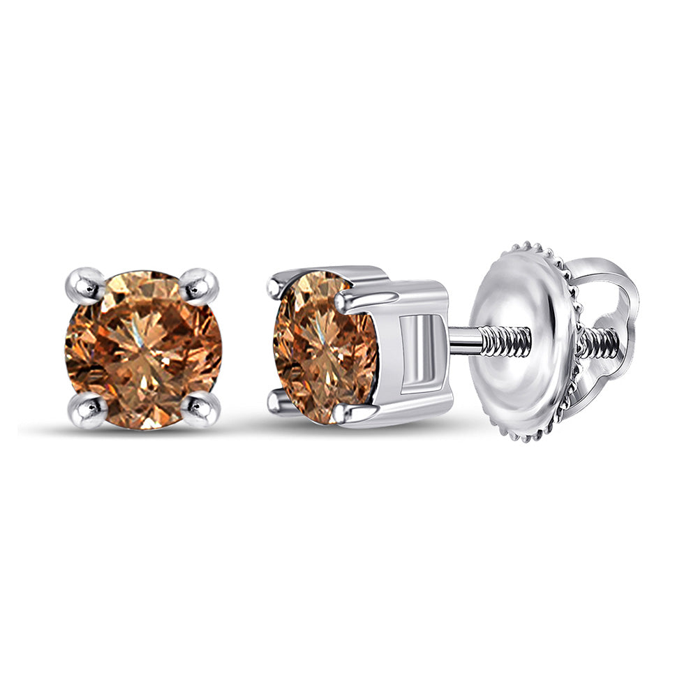 10kt White Gold Womens Round Brown Diamond Solitaire Earrings 1 Cttw