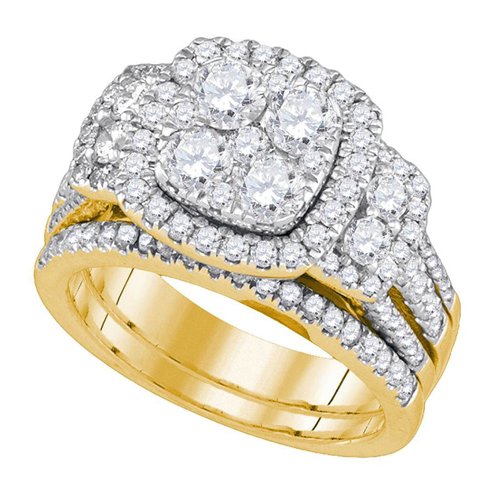 14kt Yellow Gold Round Diamond Cluster Bridal Wedding Ring Band Set 2 Cttw